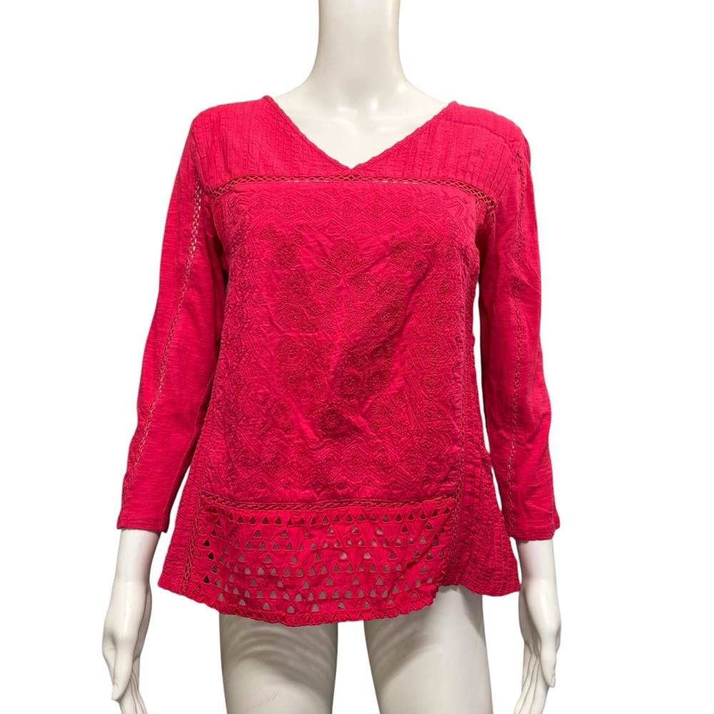 Lucky Brand Pink Embroidered Open Work Long Sleeve V-neckline Blouse Size S